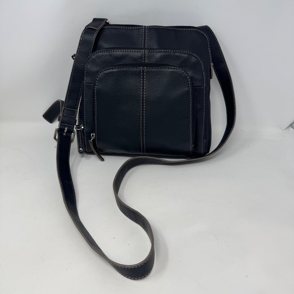 Tignanello Black Pebbled Leather‎ Crossbody Bag Organizer Purse Contrast Stitch